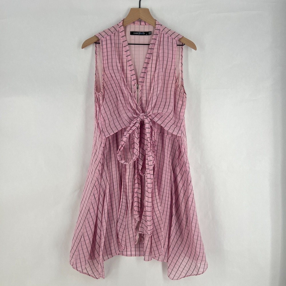 Gabby Isabella Mini Dress Womens Medium‎ Pink Black Windowpane Tie Front Zip